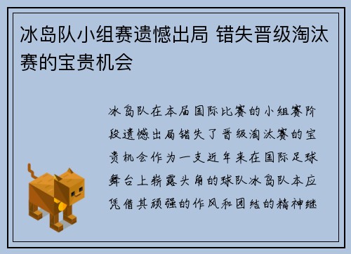 冰岛队小组赛遗憾出局 错失晋级淘汰赛的宝贵机会