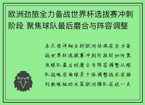 欧洲劲旅全力备战世界杯选拔赛冲刺阶段 聚焦球队最后磨合与阵容调整