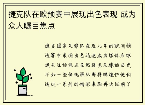 捷克队在欧预赛中展现出色表现 成为众人瞩目焦点