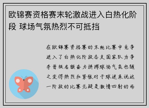 欧锦赛资格赛末轮激战进入白热化阶段 球场气氛热烈不可抵挡