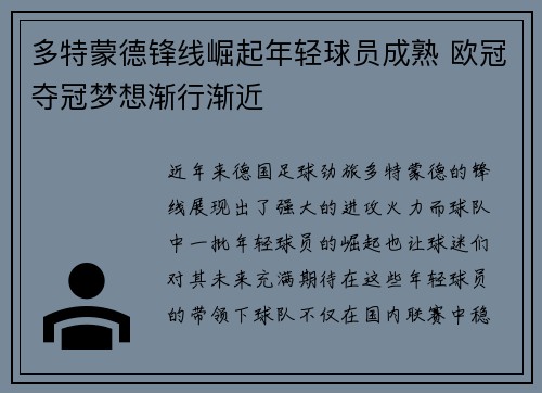 多特蒙德锋线崛起年轻球员成熟 欧冠夺冠梦想渐行渐近