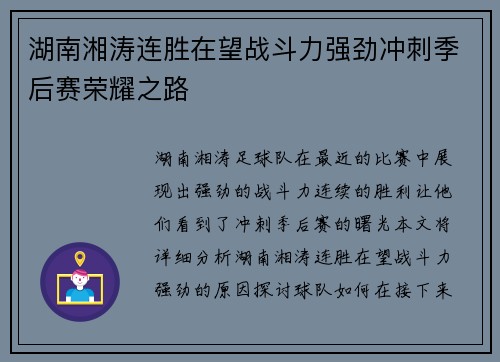 湖南湘涛连胜在望战斗力强劲冲刺季后赛荣耀之路