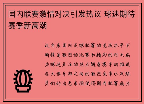 国内联赛激情对决引发热议 球迷期待赛季新高潮