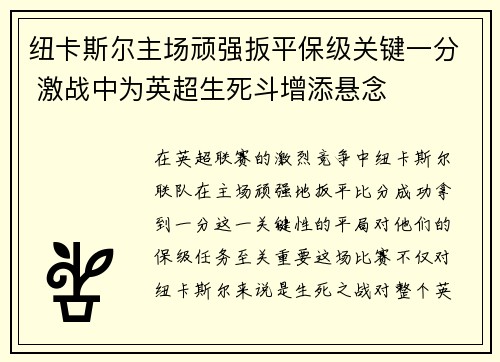 纽卡斯尔主场顽强扳平保级关键一分 激战中为英超生死斗增添悬念